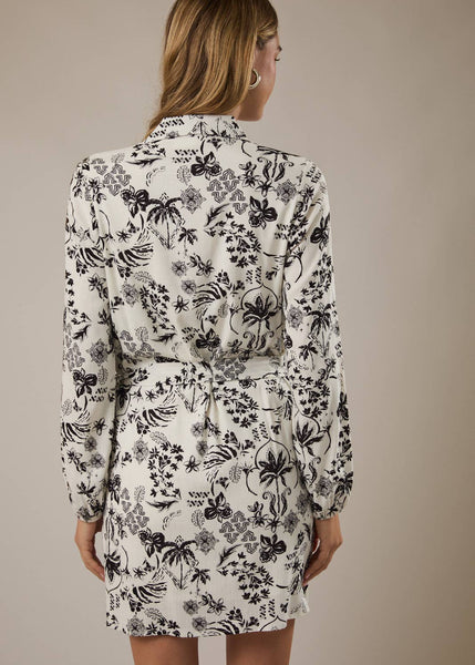 Black and White Floral Faux Wrap Dress