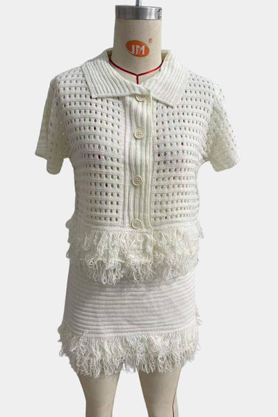 Fringe-Trimmed Skirt Set with Button Top: BLACK / L