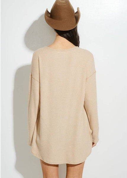 Cowboy Print Waffle Texture Long Sleeve Top