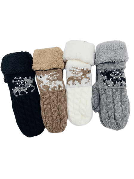 JCG206113 Reversible Reindeer & Sherpa Fleece Mittens: Prepacked 12 pairs-Black 4 White 3 Grey 3 Brown 2
