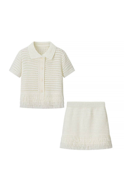 Fringe-Trimmed Skirt Set with Button Top: BLACK / L