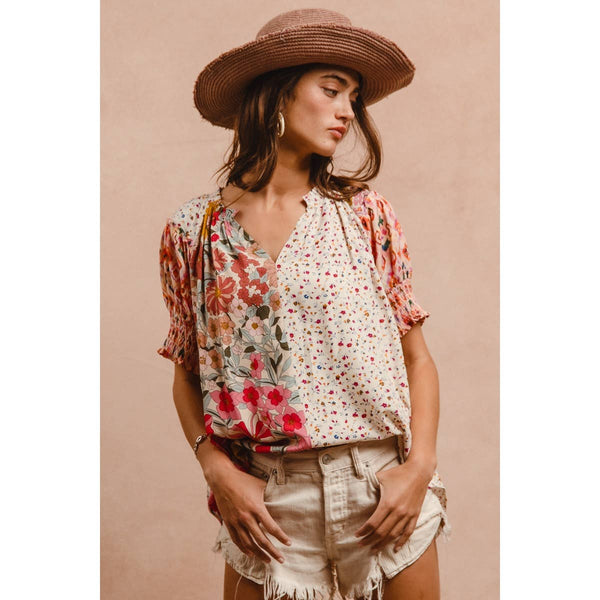 WOVEN PRINT MIX AND MATCH PEASANT TOP: ROSE MIX / S