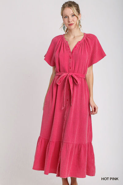 Mineral Washed Button Down Pink Midi Dress