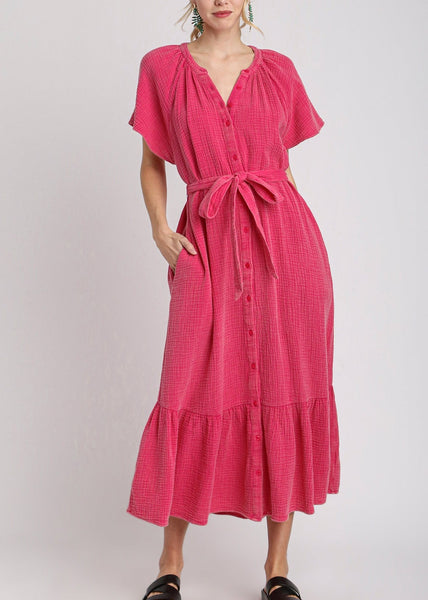 Mineral Washed Button Down Pink Midi Dress