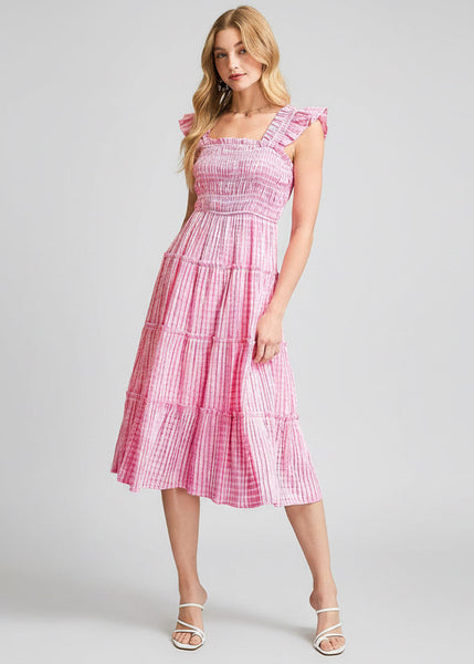 Gingham Smocked Midid Dress in Pink