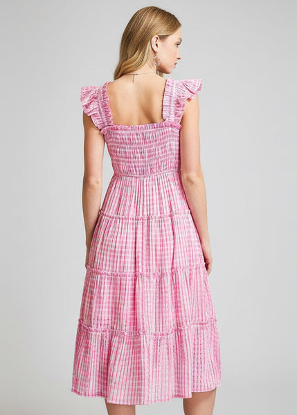 Gingham Smocked Midid Dress in Pink