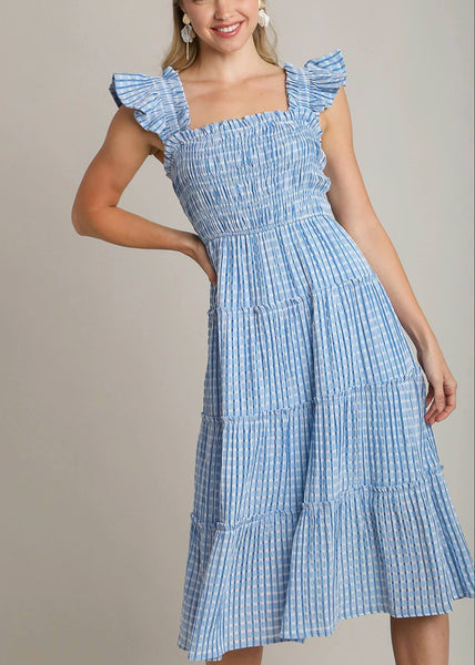 Gingham Smocked Midi Dress in Blue