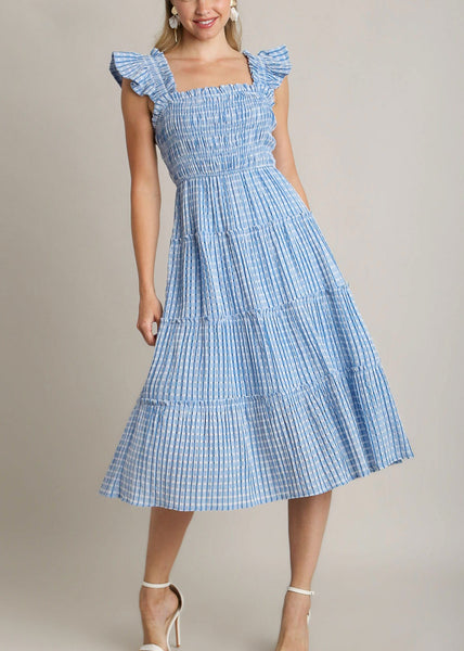 Gingham Smocked Midi Dress in Blue