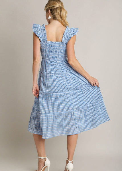 Gingham Smocked Midi Dress in Blue
