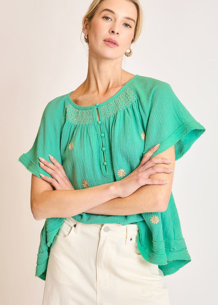 Seafoam Cotton Gauze Embroidered Top