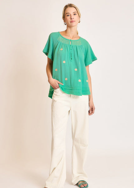 Seafoam Cotton Gauze Embroidered Top