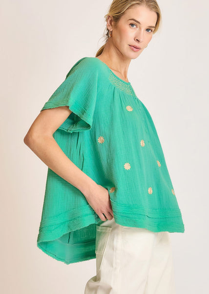 Seafoam Cotton Gauze Embroidered Top