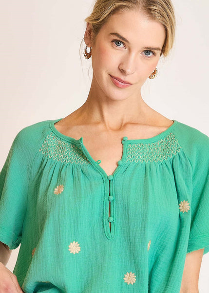 Seafoam Cotton Gauze Embroidered Top