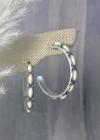 Cream Howlite Rock Silver Hoop Earrings
