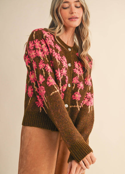 Cheery Floral Knit Cardigan Sweater