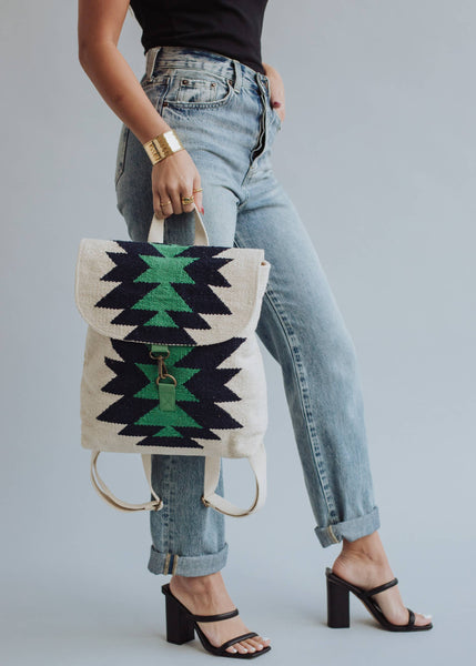 Cream, Navy & Green Aztec Backpack