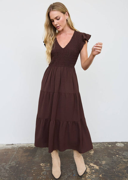 Chocolate Smocked Midi dress with Flutter Sleeves