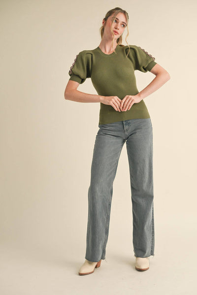 Olive Crochet Puff Sleeve Knit Sweater Top