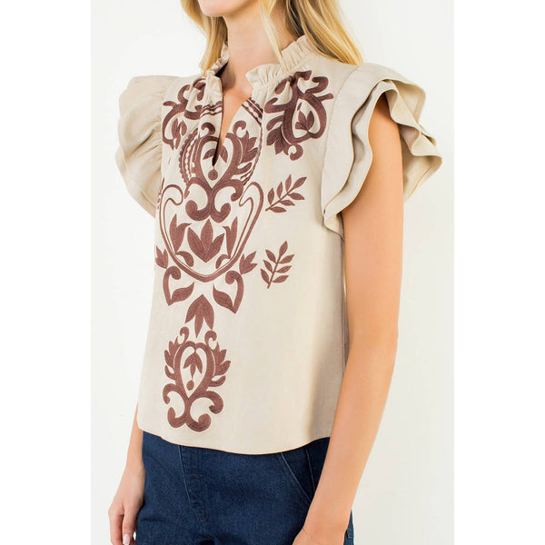 Flutter Embroidered Suede Top: CREAM / XS-S-M-L(1-2-2-1)