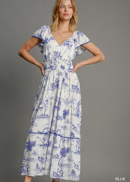 Blue and White Landscape Print Dress