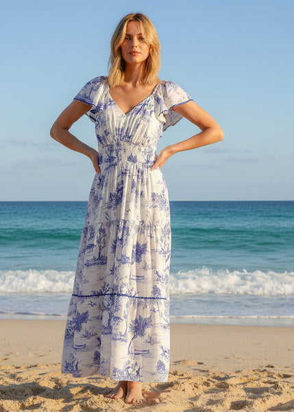 Blue and White Landscape Print Dress