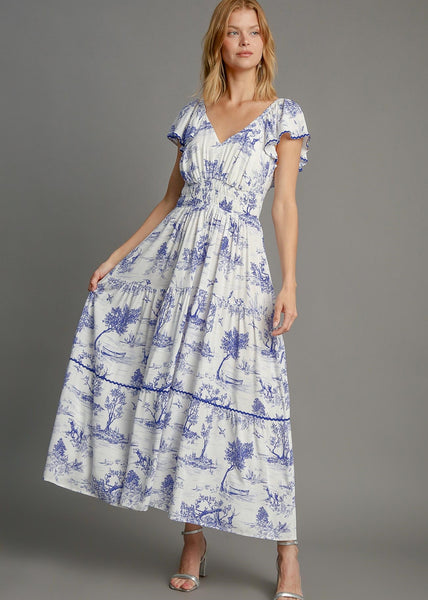 Blue and White Landscape Print Dress
