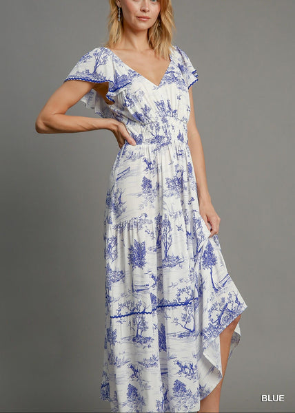 Blue and White Landscape Print Dress