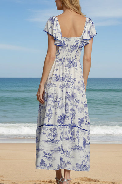 Blue and White Landscape Print Dress