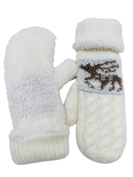 JCG206113 Reversible Reindeer & Sherpa Fleece Mittens: Prepacked 12 pairs-Black 4 White 3 Grey 3 Brown 2
