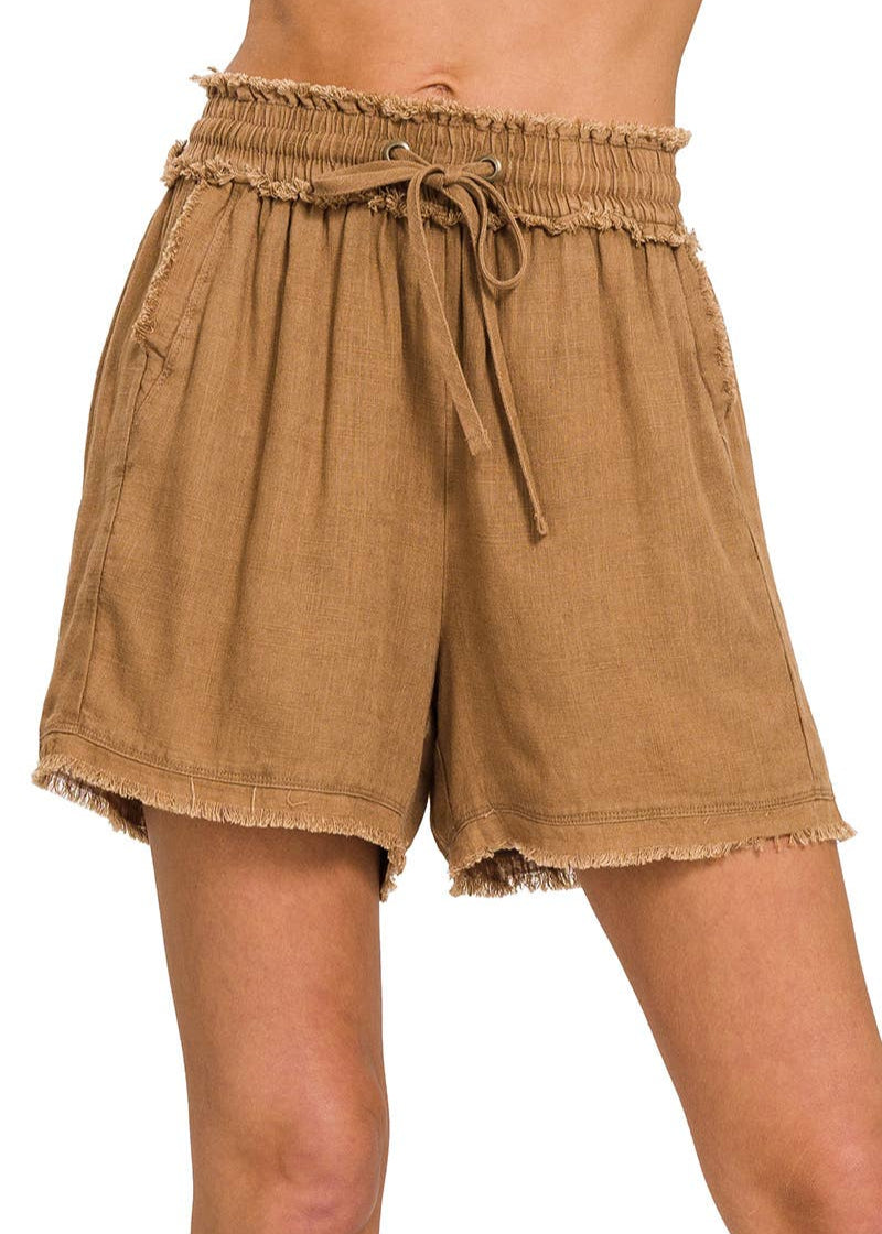Washed Linen Fray Hem Shorts