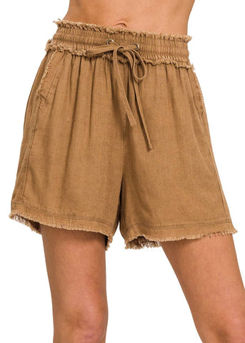 Washed Linen Fray Hem Shorts