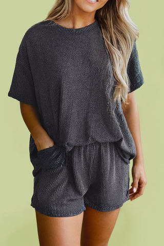 Ribbed Textured Knit Loose Fit Tee and Shorts Set in Gray