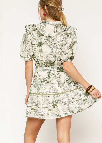 Two Tone Toile Tropical Landscape Print Mini Dress