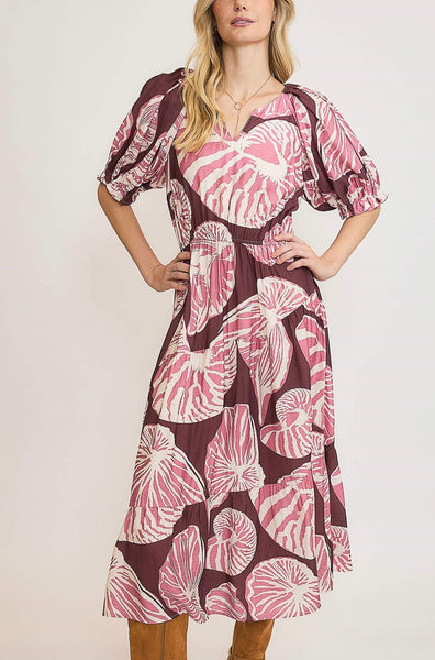 Shell Print Puff Sleeve Midi Dress