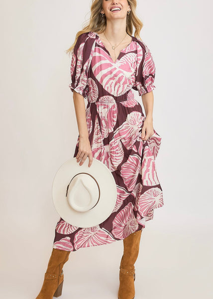 Shell Print Puff Sleeve Midi Dress