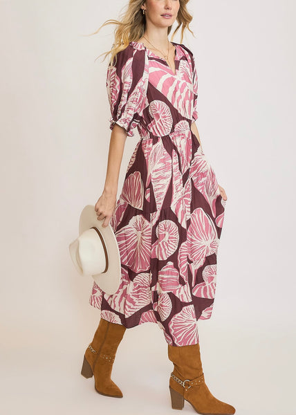 Shell Print Puff Sleeve Midi Dress