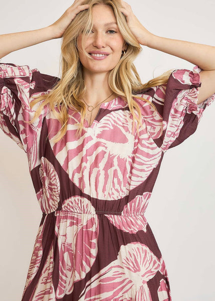 Shell Print Puff Sleeve Midi Dress