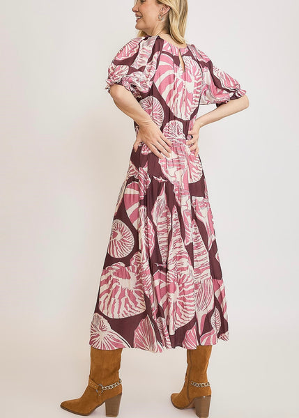 Shell Print Puff Sleeve Midi Dress