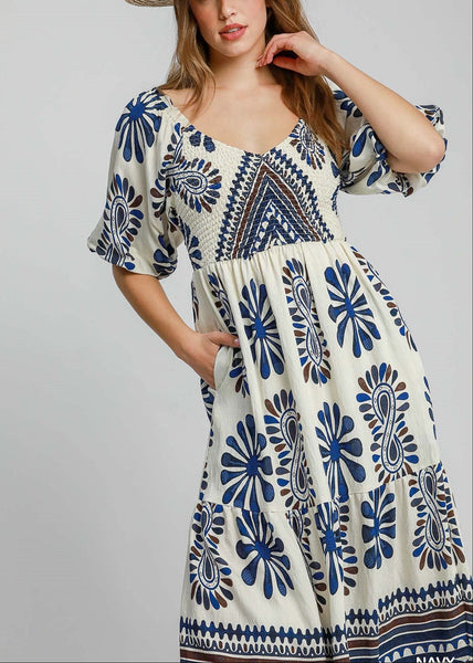 Border Print Tiered Midi Dress with Smocking in Back