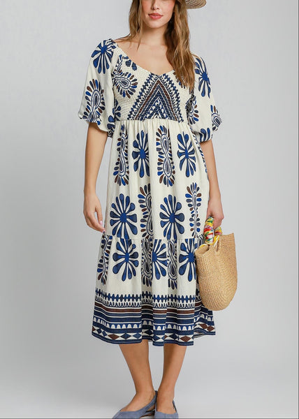 Border Print Tiered Midi Dress with Smocking in Back