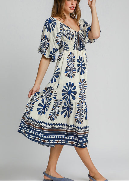 Border Print Tiered Midi Dress with Smocking in Back