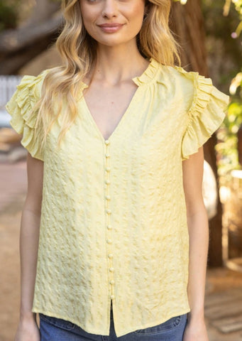 Pale Yellow Covered Button V-Neck Ruffle Sleeve Top