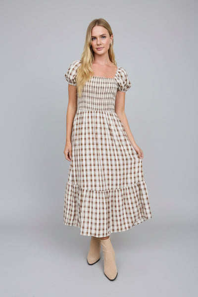 Gingham Smocked Puff Sleeve Tiered Midi Dress