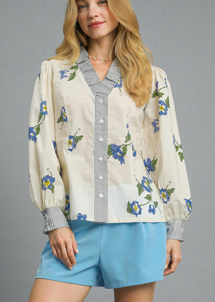 Mix Floral Stripe Button-Up Blouse with Ruffle Collar