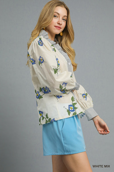 Mix Floral Stripe Button-Up Blouse with Ruffle Collar