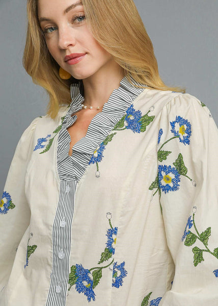 Mix Floral Stripe Button-Up Blouse with Ruffle Collar