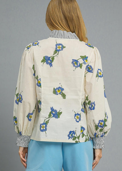 Mix Floral Stripe Button-Up Blouse with Ruffle Collar