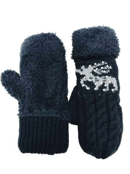 JCG206113 Reversible Reindeer & Sherpa Fleece Mittens: Prepacked 12 pairs-Black 4 White 3 Grey 3 Brown 2
