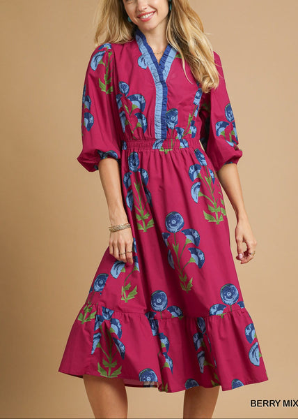 Floral Midi Dress with Ruffle Trim and Elastic Waist