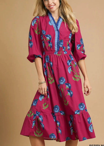 Floral Midi Dress with Ruffle Trim and Elastic Waist